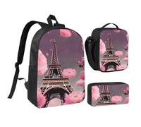 YQxwJL Paris Street Tour Eiffel Lot de 3 sacs à dos avec boîte à déjeuner et trousse à crayons pour voyage, travail, camping Unisexe