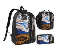 YQxwJL Rocky Mountain Range Lot de 3 sacs à dos avec boîte à déjeuner et trousse à crayons pour voyage, travail, camping Unisexe