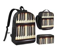 YQxwJL Sac à dos 3 pièces avec touches de piano avec notes de musique imprimées avec boîte à déjeuner et trousse à crayons pour voyage, travail, camping unisexe
