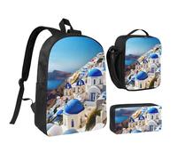YQxwJL Santorini Lot de 3 sacs à dos avec boîte à déjeuner et trousse à crayons pour voyage, travail, camping Unisexe