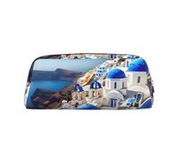 YQxwJL Santorini Trousse à crayons en cuir durable avec fermeture éclair Motif île grecque vue sur la mer