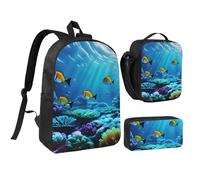 YQxwJL Tranquil Lot de 3 sacs à dos avec boîte à déjeuner et trousse à crayons Motif paysage sous-marin Unisexe