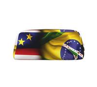YQxwJL Trousse à crayons de grande capacité avec fermeture éclair et imprimé drapeaux américains et brésiliens, sac à crayons en cuir durable pour le bureau, les voyages