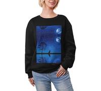 YQxwJL Wolf In The Moonlight Print Cozy Fleece Lined Tops Women Thick Crew Neck Sweatshirt Casual Fashion Long Sleeve Clothing, Noir , S