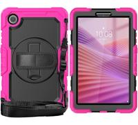 YRDUKJFDJ Sac pour Tablette PC, étui for Lenovo Tab One 8.7 inch/K9 TB305FU 2025 Heavy Duty Shockproof TPU Case, Protective Cover W Screen Protector 360° Kickstand+Hand Strap+Shoulder Strap(Rose)