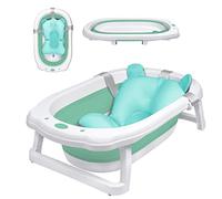 YRHome Baignoire Pliable pour Bébé avec Drainage Rapide, Plastique Bain pour Nouveau-né avec Tapis de Bain Antidérapant, Baignoire Portative Pliante avec Siège de Bain pour Enfant - Vert avec Coussin