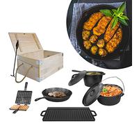 YRHome Dutch Oven Set de 11 pièces dans une boîte en bois avec four à néerlandais avec casserole en bois, casserole à gril, poêle à gaufres