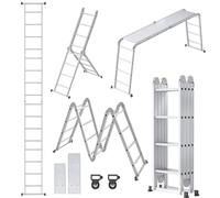 YRHome Échelle multifonction 6 en 1 en aluminium - Échelle articulée - Échelle pliante - 470 cm - Échelle multifonction - Avec plateforme - Charge maximale : 150 kg - 4 x 4 marches - Argenté