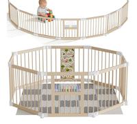 YRHome Enclos à Bébé en Bois Pliable avec Porte, Tapis de Jeu Inclus, Barrière Réformable pour Enfants, Grille de 爬行，Modifiable à Volonté, avec Centre de Jeux (Jeu à Abaque & Motifs Animaux)