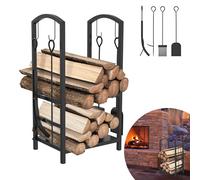 YRHome Étagère à bois de cheminée intérieure à 2 niveaux avec 4 outils de cheminée 74,5 x 40 x 38 cm - Serviteur de cheminée - Support pour bois de cheminée - Étagère en bois pour cheminée - Couverts