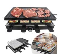 YRHome Grill à raclette pour 8 personnes - Plaque de pierre multifonction et barbecue - 1400 W - Barbecue de table - 8 poêles et spatules en bois - Température réglable en continu