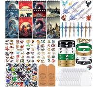 Yrmysrx Coffret cadeau Dragon Party avec mini carnets, stylos à épée, bracelets en silicone, autocollants, tatouages temporaires, sacs en organza et étiquettes pour cartes pour fête d'anniversaire sur