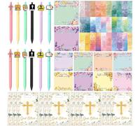 Yrmysrx Lot de 66 articles de papeterie de fête chrétienne avec verset autocollant, stylos à bille, marque-pages et sacs à friandises pour fête sur le thème de Jésus chrétien, fournitures de fête