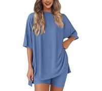 YROHGKPN Ensemble 2 pièces élégant pour femme, coupe ample, t-shirt à manches courtes surdimensionné et short de motard, pyjama, vêtements de nuit, ensemble de vêtements de nuit pour femme, bleu, S
