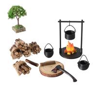 YROHGKPN Ensemble de feu de camp miniature à l'échelle 1/12 avec pots en fer et bois de chauffage pour maison de poupée, scène extérieure, feu de camp