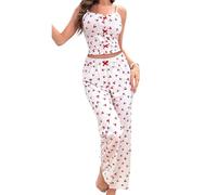 YROHGKPN Ensemble pyjama 2 pièces avec motif cœur, maillot de corps tendance en gaze patchwork et pantalon taille élastique pour femme, vêtements de nuit, patchwork en gaze, Red Cherries On Whit, L