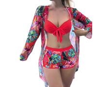 YROHGKPN Maillot de bain 3 pièces pour femme - Manches longues - Couverture de plage - Short de bain à motif floral - Maillot de bain trois pièces avec motif floral pour femme - Trois pièces