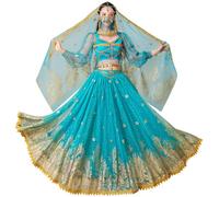 yrsZX Costume de fée de la princesse arabe Jasmine pour femme - Costume de fête costumée pour Halloween, robe de danse du ventre - Bleu vert, taille M