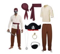 YRTBGD Costume de pirate pour homme, vêtement médiéval avec chemise médiévale, pantalon, bandana, ceinture, cache-œil, chaîne, boucles d'oreilles pour Halloween, carnaval (Marron, L)