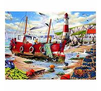 YRTMHU DIY Kit Broderie Diamond Painting Adultes Bateau de pêche Rouge à l'embarcadère 5D Strass Point de Croix Diamant Peinture Kits pour la Décoration à la Maison Salon Chambre Bureau 45x60cm