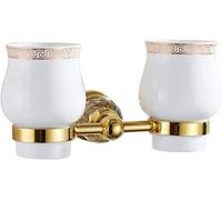 YRUIIA Porte-brosse à dents (doré), montage mural de style européen avec 2 tasses en céramique, résistant à la rouille, accessoires de salle de bain décor
