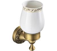 YRUIIA Porte-brosse à dents simple rétro, style européen sculpté, support de base pendentif porte-brosse à dents avec gobelet en céramique, accessoires de salle de bain en laiton, surface brossée