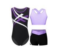 Yruioon 3 Pièces Tenue De Gymnastique Pour Filles Sans Manches Justaucorps Rayé Haut De Sport Short Tenue Gym Vêtements Gymnastique 5-16 Ans
