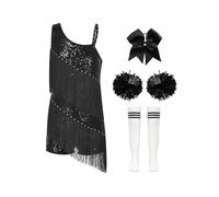 Yruioon 4 Pièces Costume Pomponnière Pour Filles Avec Sequins Franges Jumpsuit Combinaison Avec Pompons Bas Et Ruban Pour Les Cheveux Robe Danse Pour Halloween Carnaval