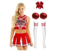 Yruioon 5 Pièces Cheer Leader Costume Pour Femmes Crop Top avec Mini Jupe Plissée et Élastique à Cheveux Bandeau Fleur Boules Bas Set Rouge M