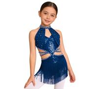 Yruioon Costume Danse Latin pour Filles Robe Danse avec Sequins Robe Ballet avec Paillettes Franges Ballerine pour Latin Chacha Salsa Moderne Jazz Bleu Marine 5-6 Ans