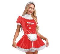 Yruioon Costume De Servante Français Pour Femmes Robe Mini En Cuir Vernis Avec Bandeau Uniforme De Bonne Costume Pour Fête Carnaval Mardi Gras Rouge XL