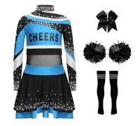 Yruioon Costume Pom Pom Filles Glitter Robe Danse Manches Longues Robe Girl avec Pompons Chaussettes Ruban pour Cheveux Costume Dhalloween Carnaval Fête Bleu Clair Noir 7-8 Ans