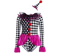 Yruioon Enfants Filles Cirque Clown Tenues Halloween À Manches Longues Volants Justaucorps Body Avec Chapeau de Clown 5-16 Ans Rose vif 13-14 ans