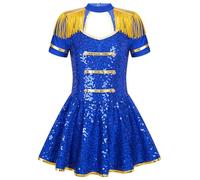 Yruioon Enfants Filles Garde D’honneur Uniforme Fanfare Tambour Majorette Paillettes Pompon Justaucorps Tutu Robe 5-16 Ans Bleu royal 9-10 ans