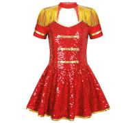Yruioon Enfants Filles Garde D’honneur Uniforme Fanfare Tambour Majorette Paillettes Pompon Justaucorps Tutu Robe 5-16 Ans Rouge 5-6 ans