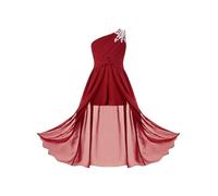 Yruioon Enfants Fleurs Filles Une Épaule Ruché en Mousseline de Soie Mariage Maxi Combi-Short Robe de Soirée Danse Wear 5-16 Ans Bourgogne 9-10 Ans