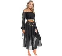 Yruioon Ensemble De Costume De Danse du Ventre pour Femmes Haut Court À Manches Longues avec Jupe en Mousseline Robe Danse du Ventre Tenue Danseuse Orientale Noir Taille Unique