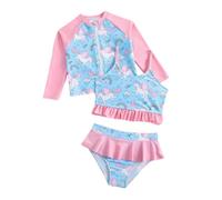 Yruioon Ensembles De Maillots De Bain 3 Pièces pour Filles : Haut De Bain À Manches Longues avec Débardeur À Volants Et Culottes Rose Bleu 3-4 Ans