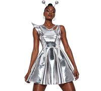 Yruioon Femme Alien Outfit Avec Bandeau Robe De Cadet Spatial Fête De Mini | Tenue De Fête Sur Le Thème De L'Espace,Robe Costume D'Extraterrestre Bandeau,D'Astronaute Pour Femmes,Soirée,Club,Spectacle