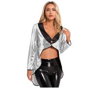 Yruioon Femme Costume Cirque Veste Scintillante Gilet Gothique Blazer Costume Dun Directeur Cirque Pour Halloween Carnaval Et Fête Foraine Argent 3XL