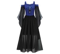 Yruioon Filles Renaissance Gothique Robe Médiéval Steampunk à Épaule Dénudée Robes à Manches Trompette 3-16 Ans Bleu royal 13-14 ans