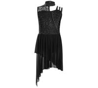 Yruioon Filles Robe Lyrique Scintillante Robe De Patinage Artistique De Roller avec Jupe Asymétrique Danse Moderne Tenue Danse Contemporaine 5-16 Ans Noir 9-10 Ans