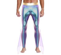 Yruioon Hommes Sirène Pantalon Roi des Mers Costume Pantalon Halloween Carnaval Brillant Métallique Collants Violet L