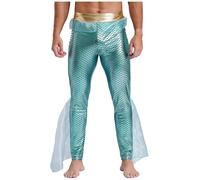 Yruioon Hommes Sirène Pantalon Roi des Mers Costume Pantalon Halloween Carnaval Brillant Métallique Collants Vert Menthe L