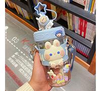 YRUISI Kawaii Bouteille d'eau avec paille en forme d'ours mignon avec gourde portable en plastique pour filles, garçons, tout-petits, enfants, école, voyage, maison (lapin bleu)