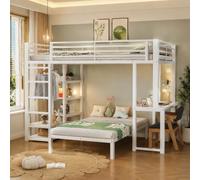 Yrxin Lit mezzanine 90 x 200 cm, deux couchages, cadre en fer, lit en métal avec bureau, double prise avec interface USB et Type-C, 4 étagères multiples, rangement de vêtements, sans matelas, blanc-2