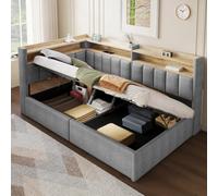 Yrxin Lit rembourré, canapé-lit, 90 x 200 cm, avec LED et USB, stockage | Canapé-lit avec barre lumineuse LED, port USB, banquette de lit, côtés - élément d'armoire à monter à gauche/à droite