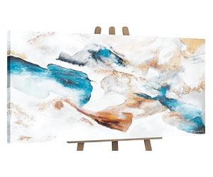 YS Art abstrait modern Emerald Tableau peinte à la main couleurs bleu et blanc avec texture et gouttes d'or Peinture moderne 120x60 cm
