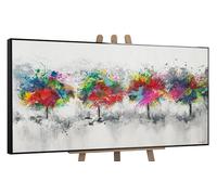 YS Art abstrait modern peinte à la main Forêt colorée Grandes taches lumineuses sur fond blanc en style aquarelle Décoration intérieure avec cadre 140x70 cm