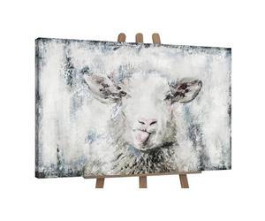 YS Art abstrait modern peinte à la main Moutons heureux Peinture moderne gris clair avec des tons bleus Décoration intérieure Un motif enfantin 120x80 cm